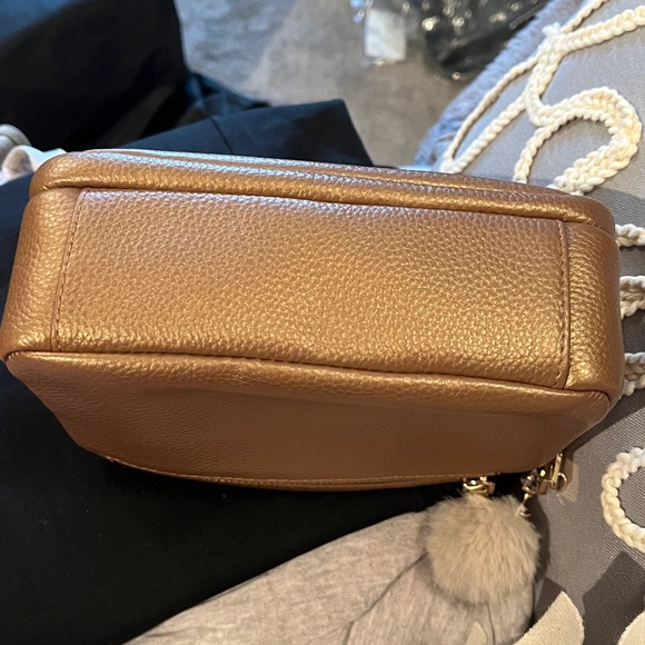 Gold Pebbled Crossbody Bag with Pom Pom - Picture 5 of 7